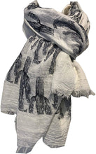 Load image into Gallery viewer, Cream with blue cactus scarf with frayed edge long soft scarf