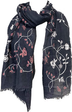 Load image into Gallery viewer, Blue with pink embroidered flowers and leaf design long Scarf/wrap with frayed edge