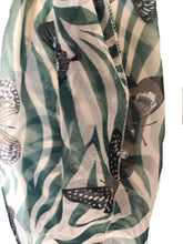 Load image into Gallery viewer, Beige with Green Zebra Animal Print with Butterflies Chiffon Style Thin Scarf.
