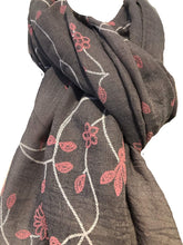 Load image into Gallery viewer, Pamper Yourself Now Grey with Pink Embroidered Flowers and Leaf Design Long Scarf/wrap with Frayed Edge