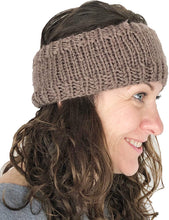 Load image into Gallery viewer, Brown woollen machine knitted headband with flower. Warm winter headband