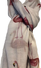 Load image into Gallery viewer, White with watercolour flamingo scarf with frayed edge long soft scarf