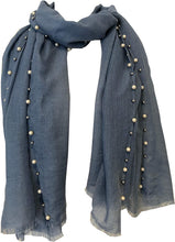 Load image into Gallery viewer, Pamper Yourself Now Denim Blue with Beads and Pearls with Frayed Edge Long Soft Scarf/wrap