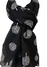 Load image into Gallery viewer, Pamper Yourself Now Black with Silver Foiled Mulberry Tree Design Ladies Scarf/wrap. Great Present for Mum, Sister, Girlfriend or Wife.