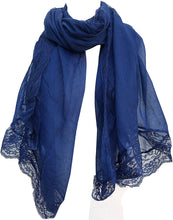Load image into Gallery viewer, Pamper Yourself Now Navy Blue Plain Long Soft Scarf with lace Trim