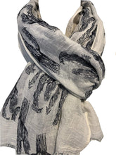 Load image into Gallery viewer, Cream with blue cactus scarf with frayed edge long soft scarf