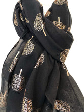 Load image into Gallery viewer, Pamper Yourself Now Black with Gold Foiled Mulberry Tree Design Ladies Scarf/wrap. Great Present for Mum, Sister, Girlfriend or Wife.