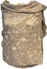 Load image into Gallery viewer, Pamper Yourself Now Beige with White Embroidered Flowers and Leaf Design Long Scarf/wrap with Frayed Edge
