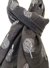 Load image into Gallery viewer, Pamper Yourself Now Dark Grey with Silver Foiled Mulberry Tree Design Ladies Scarf/wrap. Great Present for Mum, Sister, Girlfriend or Wife.