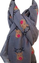 Load image into Gallery viewer, Pamper Yourself Now Grey red Nose Rudolph Reindeer Christmas Long Scarf