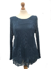 Load image into Gallery viewer, Pamper Yourself Now ltd Ladies Denim Blue Crochet lace Long Sleeve top.Made in Italy (AA8)