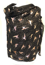Load image into Gallery viewer, Pamper Yourself Now Black with Gold Fairy Design Long Scarf/wrap