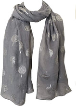 Load image into Gallery viewer, Pamper Yourself Now Light Grey with Silver Foiled Mulberry Tree Design Ladies Scarf/wrap. Great Present for Mum, Sister, Girlfriend or Wife.