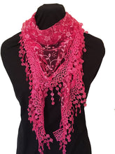 Load image into Gallery viewer, Pamper Yourself Now Fuschia Pink with White Glittery Flower lace Triangle Scarf with lace Trim