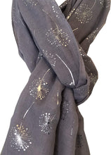 Load image into Gallery viewer, Pamper Yourself Now Grey with Silver Dandelion Design Long Scarf