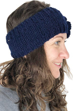Load image into Gallery viewer, navy blue woollen machine knitted headband with flower. Warm winter headband