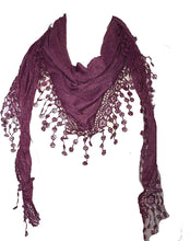 Load image into Gallery viewer, Pamper Yourself Now Purple Jersey lace Trimmed Triangle Scarf Soft Summer Fashion London Fashion Fab Gift