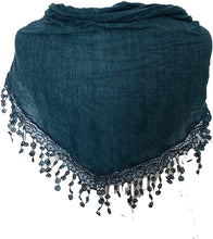 Load image into Gallery viewer, Pamper Yourself Now Blue Jersey lace Trimmed Triangle Scarf Soft Summer Fashion London Fashion Fab Gift