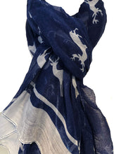 Load image into Gallery viewer, Pamper Yourself Now Blue with White Reindeer Design Scarf with Border. Lovely Long Soft Scarf Fantastic Gift