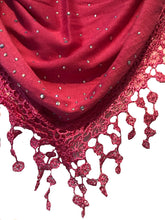 Load image into Gallery viewer, Pamper Yourself Now Fuchsia Pink Jersey with Sparkle and lace Trimmed Triangle Scarf Soft Summer Fashion London Fashion