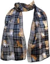 Load image into Gallery viewer, Pamper Yourself Now Black Tartan Shiny Dog Scarf with Different Dog Breeds Thin Long Scarf