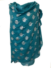 Load image into Gallery viewer, Pamper Yourself Now Teal with Silver Foiled Mulberry Tree Design Ladies Scarf/wrap. Great Present for Mum, Sister, Girlfriend or Wife.