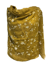 Load image into Gallery viewer, Pamper Yourself Now Mustard with White Embroidered Flowers and Leaf Design Long Scarf/wrap with Frayed Edge