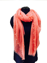 Load image into Gallery viewer, Pamper Yourself Now Coral with Beads and Pearls with Frayed Edge Long Soft Scarf/wrap