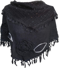 Load image into Gallery viewer, Pamper Yourself Now Black Triangle Scarf with Roses Design and Sequins.
