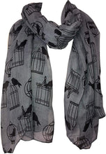 Load image into Gallery viewer, Pamper Yourself Now Grey with Black Bird cage and Bird Design Scarf, Lovely Gift/Present.