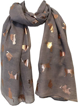 Load image into Gallery viewer, Light grey with gold foiled cats long soft scarf