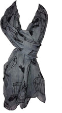 Load image into Gallery viewer, Pamper Yourself Now Grey with Black Bird cage and Bird Design Scarf, Lovely Gift/Present.