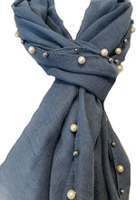 Load image into Gallery viewer, Pamper Yourself Now Denim Blue with Beads and Pearls with Frayed Edge Long Soft Scarf/wrap