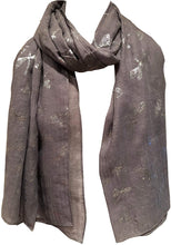 Load image into Gallery viewer, Pamper Yourself Now Dark Grey with Silver Foiled Glitter Dragonfly Design Long Scarf/wrap