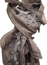 Load image into Gallery viewer, Pamper Yourself Now Grey with Flower with Chiffon Design Scarf. Long Soft Scarf