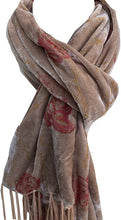 Load image into Gallery viewer, Beige Velvet with red flowers lovely long scarf/wrap with tassels