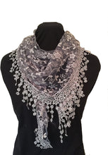 Load image into Gallery viewer, Pamper Yourself Now Grey with White Glittery Flower lace Triangle Scarf with lace Trim