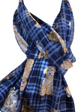Load image into Gallery viewer, Pamper Yourself Now Blue Tartan Shiny Dog Scarf with Different Dog Breeds Thin Long Scarf