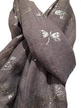 Load image into Gallery viewer, Pamper Yourself Now Dark Grey with Silver Foiled Glitter Dragonfly Design Long Scarf/wrap