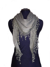 Load image into Gallery viewer, Dark green Jersey with sparkle and lace trimmed triangle Scarf Soft Summer Fashion London Fashion Fab Gift