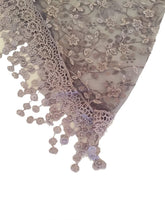 Load image into Gallery viewer, Pamper Yourself Now Grey with White Glittery Flower lace Triangle Scarf with lace Trim