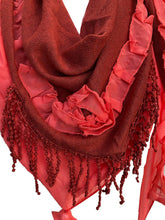 Load image into Gallery viewer, Pamper Yourself Now Orange with Small Rose and Chiffon lace Trim Triangle Scarf