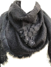 Load image into Gallery viewer, Pamper Yourself Now Black Triangle Scarf with Fur Trim and Sequin.