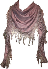 Load image into Gallery viewer, Pamper Yourself Now Pink Jersey with Sparkle and lace Trimmed Triangle Scarf Soft SummerPink Jersey with Sparkle Fashion London Fashion Fab Gift