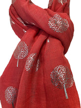 Load image into Gallery viewer, Pamper Yourself Now Coral with Silver Foiled Mulberry Tree Design Ladies Scarf/wrap. Great Present for Mum, Sister, Girlfriend or Wife.
