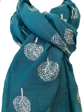 Load image into Gallery viewer, Pamper Yourself Now Teal with Silver Foiled Mulberry Tree Design Ladies Scarf/wrap. Great Present for Mum, Sister, Girlfriend or Wife.