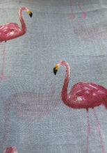 Load image into Gallery viewer, Grey with watercolour flamingo scarf with frayed edge long soft scarf