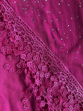 Load image into Gallery viewer, Pamper Yourself Now Fuchsia Pink Jersey with Sparkle and lace Trimmed Triangle Scarf Soft Summer Fashion London Fashion