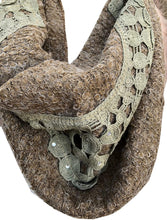 Load image into Gallery viewer, Pamper Yourself Now Tan Triangle Scarf with Fur Trim and Sequin.