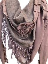 Load image into Gallery viewer, Pamper Yourself Now Brown with Small Rose and Chiffon lace Trim Triangle Scarf